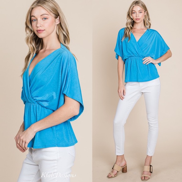 ❤️LAST! V Neck Wrap Front Cinched Elasticized Waist Ocean Blue Multi Use Top - Picture 4 of 6